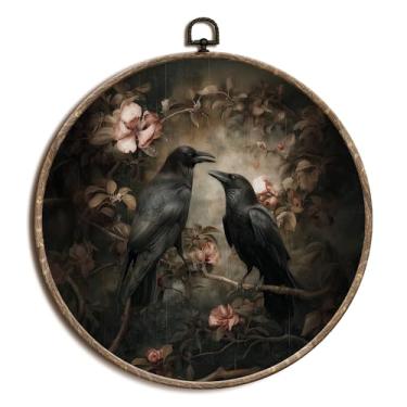 Imagem de laveliabel Decoração de parede de arte em tela redonda de casal de corvos góticos, impressões em tela emolduradas Dark Academia, vintage Dark Cottagecore Crew Round Hanging Wall Decor para galeria de