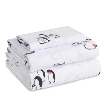 Imagem de LONAVA Conjunto de lençóis de flanela 100% algodão orgânico, quente e aconchegante, aveludado, macio, pesado - flanela escovada dupla, lençóis de cama com bolso profundo de 40,6 cm (twin, peguin)