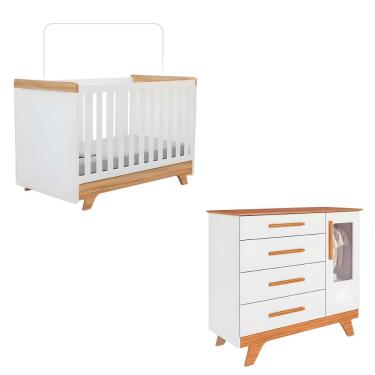 Imagem de Kit Berço E Cômoda Retrô Peroba Branco Amêndoa Quarto Bebê