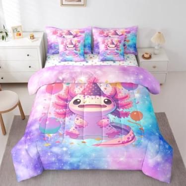Imagem de Jogo de cama casal e edredom com desenho animado Axolotl, salamandra de peixe marinho com 7 peças, azul, rosa, gradiente, colorido, balões em aquarela, vida selvagem, peixe, salamandra