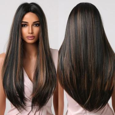 Imagem de Peruca Allbell de cabelo sintético longo e reto preta com marrom