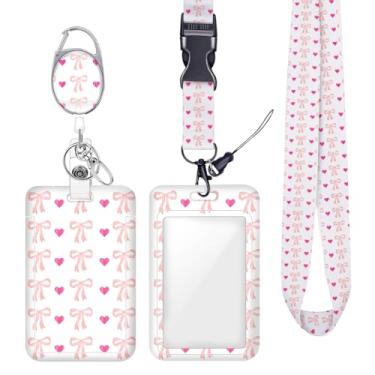 Imagem de Cordão de crachá de identificação com laço de coração para crachás de identificação, chaveiro protetor vertical, clipes de mosquetão retráteis, cordão de chave resistente para mulheres, cantora