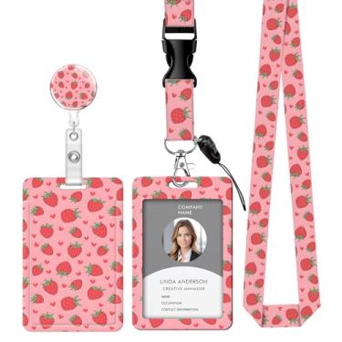 Imagem de Cordão retrátil para crachá de identificação com clipe e chaveiro, ajustável, bonito carretel durável, perfeito para mulheres enfermeiras, professoras, trabalhadoras de escritório (morango rosa fofo)