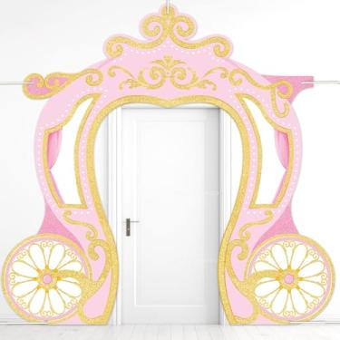 Imagem de Banner de varanda com tema de princesa pano de fundo faixa de porta de carruagem de princesa adereços de cabine de foto adereços de decoração de festa de vagão rosa e dourado suprimentos para meninas