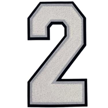 Imagem de 1 Patch de número de chenille branco de 20 cm, aplique de ferro para roupas, jaquetas, mochilas, estilo universitário, número grande, par com adesivos de letras universitárias, borda preta (branco 2)