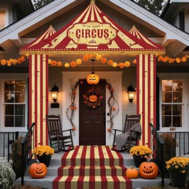 Imagem de Banner de terror, circo, decoração de carnaval, dia das bruxas, circo assustador, branco, vermelho, listrado, faixa de porta de varanda, fundo de barraca de carnaval mal-assombrado para festa de