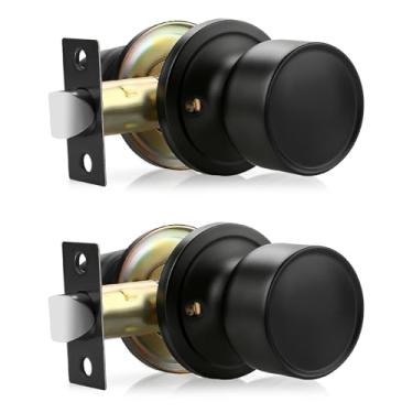 Imagem de Lepushom Maçaneta de porta de passagem sem chave interior sem chave 2 unidades redondas, para armário corredor, lavanderia, moderno, silencioso, preto fosco