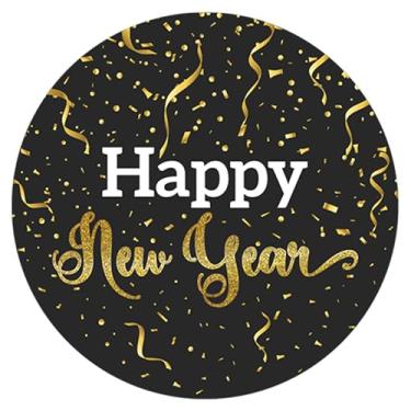 Imagem de Wonmon Adesivos redondos de feliz ano novo de 5 cm para envelopes, adesivos de feliz ano novo em ouro preto para selos de envelopes, sacos de doces, presentes, cartões comemorativos, decoração de