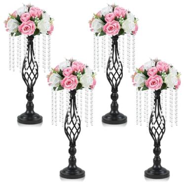 Imagem de Kehail 4 peças de suporte de flores com pingente de cristal de metal preto, vaso alto de casamento de 48 cm, oco de metal para casamento, banquete, evento, aniversário, celebração, decoração