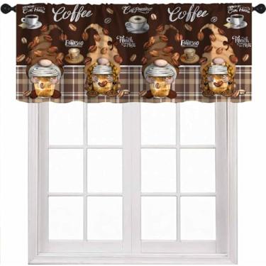 Imagem de DKMQQUL Cortinas vintage de gnomo de café, com tema de café rústico, latte, cappuccino, café, feijão, marrom, tratamento de janela curta, sanefas para cozinha, sala de jantar, sala de estar, café, 137