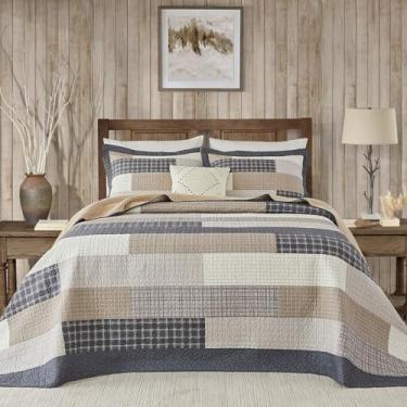 Imagem de Quilta Conjunto de cama 100% algodão rústico GG California King Size – 325 x 304 cm – macio e leve, conjunto de edredom com patchwork, 3 peças, azul, cinza, bege, marrom