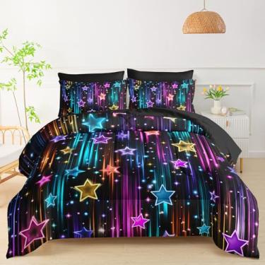 Imagem de QOOMO Jogo de cama solteiro com estrela de glitter, 7 peças, estrela de néon, inclui 1 edredom, 1 lençol com elástico, 1 lençol de cima, 2 fronhas estampadas e 2 fronhas pretas