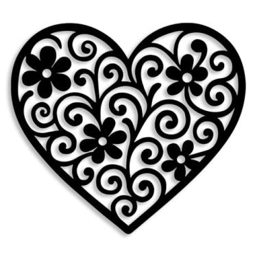 Imagem de Vineland Arte de parede de coração de metal preto, escultura minimalista moderna de 11,8 polegadas, design de padrão floral para sala de estar, quarto, banheiro, acabamento fosco, decoração de casa