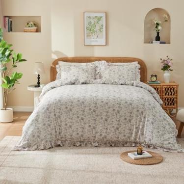 Imagem de Mywinlle Conjunto de capa de edredom floral vintage de musselina de algodão com babados e jardim Queen Size 3 peças de casa de fazenda conjunto de capa de edredom