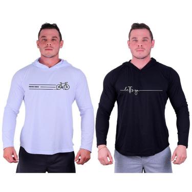 Imagem de Kit 2 Camisetas Manga Longa com Touca Longline Estampada Fitness Musculação Dia-a-Dia-Masculino