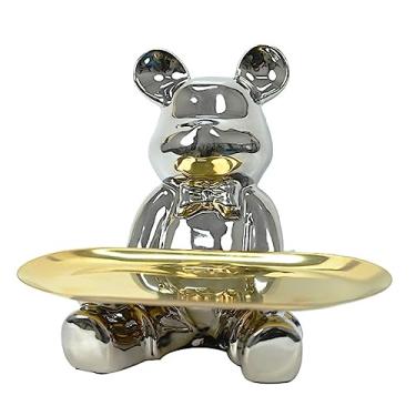 Imagem de XIcvKsG Bandeja de chave dourada escultura de urso de cerâmica, bandeja decorativa para sala de estar, decoração de mesa de café, chaveiro, joias, bandeja de pratos, multifuncional, telefone, moedas