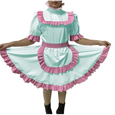 Imagem de Vestido cruzado sexy adulto com trava Sissy Maid vestido de PVC com trava uniforme avental fantasia macacão, rosa claro, M