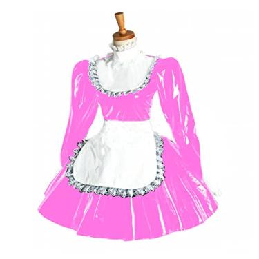 Imagem de Vestido feminino plus size bufante manga comprida avental de renda PVC Wetlook Maid fantasia, rosa, XGG