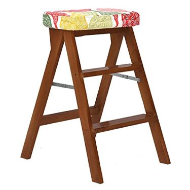 Imagem de BSNANCA Banqueta de bar dobrável banquinho multifuncional banquinho alto portátil criativo almofada de tecido de linho (cor marrom e original de madeira) Bancos de bar Altura do balcão (Cor: Log E