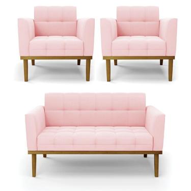 Imagem de Namoradeira Com 2 Poltronas Base De Madeira Castanho Elisa Suede D03 - D\'rossi Cor Rosa Bebê