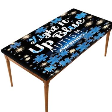 Imagem de hongjinglin Toalha de mesa retangular de 1,8 m com elástico azul, autismo, toalha de mesa elástica, retangular, impermeável, lavável, protetor de mesa para piquenique, jantar, cozinha, decoração ao ar