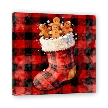 Imagem de NHLDZYH Moldura interna. Imagem de Natal retrô country pintura em tela com padrão xadrez vermelho preto cores suaves country aconchegante decoração de Natal. A07. 40 x 40 cm