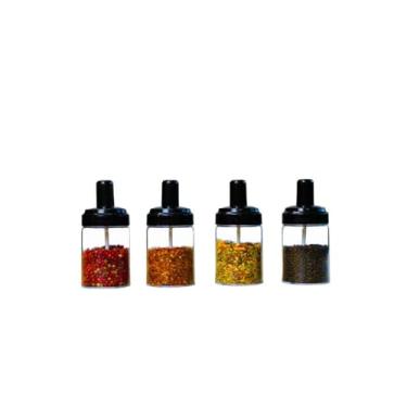 Imagem de Kit Porta Temperos com 4 Potes de Acrílico e Plástico, Preto, 250ml, com Colheres e Tampa de Vedação, Suporte Organizador 31cm