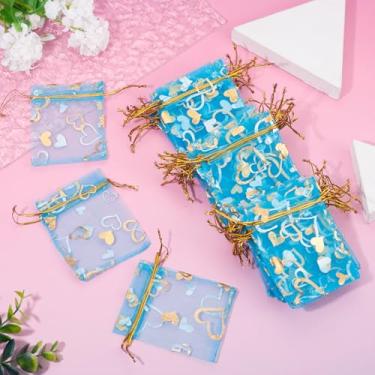 Imagem de 50 unidades de sacos de organza estampados em coração 7 x 9 cm transparente azul celeste com cordão organza sacos de presente para festa de casamento bolsas de embalagem de joias de Natal