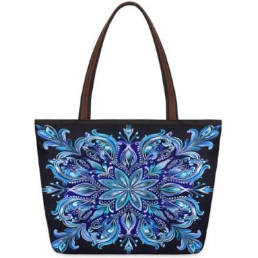 Imagem de Sacola grande feminina étnica mandala azul flor trabalho sacos de pano com zíper reutilizável mercearia bolsa casual viagem pernoite tote bolsas adequadas para viagens, trabalho, férias, praia