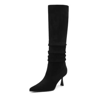 Imagem de TEAIEUI Botas de cano alto femininas gatinho salto alto de couro sintético bico fino botas longas despojadas vestido moderno botas altas, Preto, 36