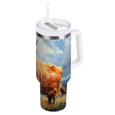 Imagem de xigua Copo Highland Cow 1,134 g com tampa e canudo, aço inoxidável de vácuo duplo isolado garrafa de água esportiva suporte para copo de café de viagem à prova de vazamento para bebida gelada