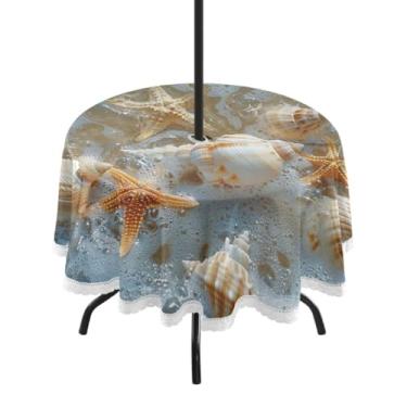 Imagem de Blueangle Toalha de mesa redonda de 152 cm à prova d'água com estrela do mar e coral com orifício para guarda-chuva - Tecido resistente à prova de sol para todos os climas para pátio, acampamento