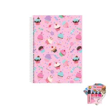 Imagem de Kit Caderno Feminino KBOM 10 Matérias 200 Folhas + Caneta Trigel Metálica + Marca Texto Boss