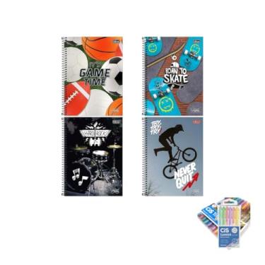 Imagem de Kit Caderno Universitário Vibe Masc 80F + Caneta Trigel Metálica Estojo 10 Cores + Marca Texto Lumini Pastel 06 Cores