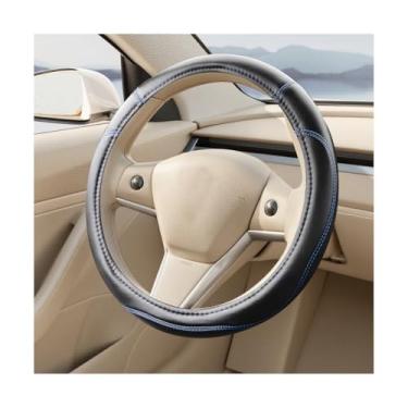 Imagem de FALVFUN Capa de volante de carro, couro antiderrapante de 38 cm, protetor de volante com anel interno, acessórios de proteção interna automotiva, compatível com a maioria dos veículos (preto/azul)