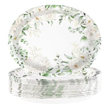 Imagem de 50 peças, pratos de papel ovais florais brancos, 25 x 30 cm, pratos de flores de eucalipto, descartáveis, folhas verdes, flores brancas, utensílios de mesa para casamento, aniversário, chá de panela