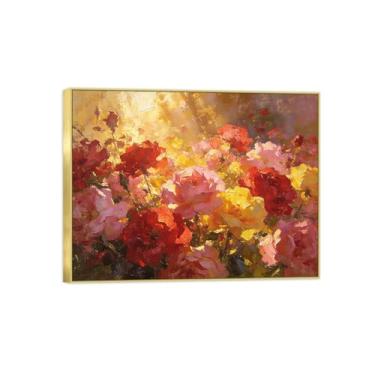 Imagem de Pintura de arte de parede de flores - imagem de decoração vintage - rosas vermelhas e amarelas - impressões em tela moldura dourada para sala de estar 60 x 80 cm 24 x 31 pol