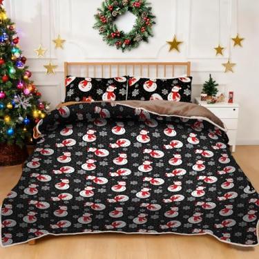 Imagem de Nialnant Conjunto de 3 peças de edredom de Natal, tamanho Queen, boneco de neve preto, com listras leves, 228 x 228 cm, 1 colcha + 2 fronhas