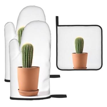 Imagem de Plant - Print Essential Conjunto de cozinha de 3 peças, luvas seguras para calor e alça de tampa, proteção para churrasco de forno, design de armazenamento suspenso.