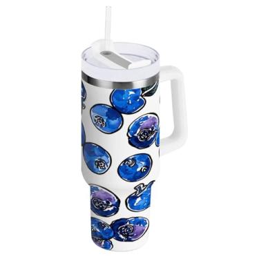 Imagem de Kigai Copo de mirtilos de 850 g com tampa e palha, copo isolado de aço inoxidável durável à prova de vazamento com alça, garrafas de água à prova de derramamento para viagens