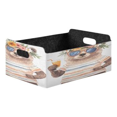 Imagem de Burbuja Urso usando óculos de sol, grinalda de flores, caixa de armazenamento dobrável com alças – caixa de armazenamento de feltro para organizar brinquedos, livros, maquiagem, panos, meias na