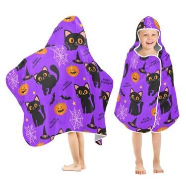 Imagem de Burbuja Toalha de banho com capuz Cats Pumpkins para crianças, toalha de praia de pelúcia macia absorvente para meninas e meninos 3-10 anos, 61 x 127 cm