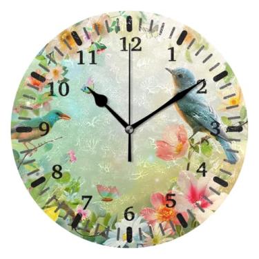 Imagem de CEBUGI Pássaros flores relógio de parede operado por bateria relógios redondos silenciosos sem tique-taque relógios de parede para cozinha, banheiro, quarto, escritório, decoração 25,4 cm
