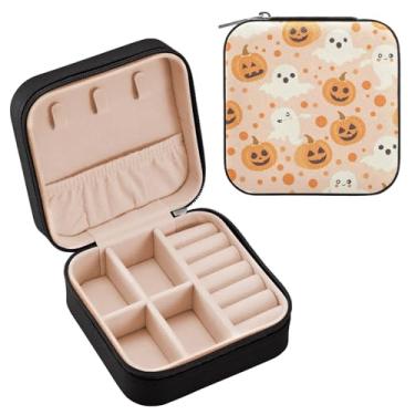 Imagem de YETTASBIN Caixa de joias de fantasma de abóbora de Halloween para adolescentes, meninas, mulheres, presente de aniversário, Natal, caixa de armazenamento portátil de couro PU, mini estojo de joias de