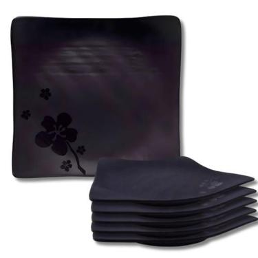 Imagem de Kit 05 Prato Kanpai Premium Raso Quadrado Preto de Melamina 15cm Comid