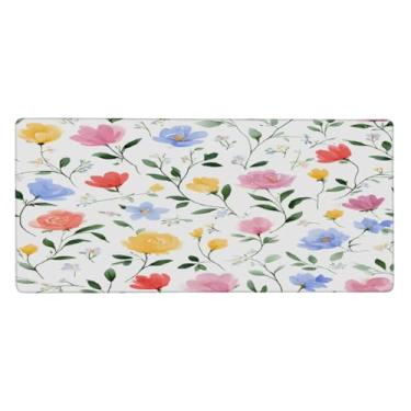 Imagem de Tapete de rato grande com arte de flores em aquarela à prova d'água, tapete protetor de mesa estendido para computador, base de borracha antiderrapante para escritório, computador, teclado, laptop e