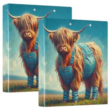 Imagem de Fichários escolares Highland Cow in Jeans com pasta de prancheta de armazenamento, pacote com 2, 3 pastas de anéis