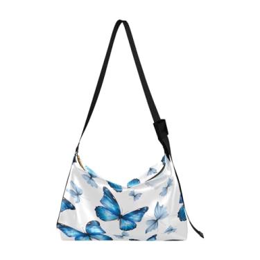 Imagem de Bolsa tiracolo de couro com pintura abstrata dourada e preta branca, bolsas Hobo grandes para mulheres, Coleção Blue Butterflies - 3, One Size