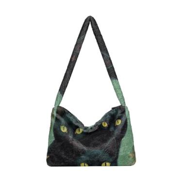 Imagem de Bolsa de ombro vermelha retrô preta com zíper, bolsa feminina para uso ao ar livre, Gato preto abstrato verde retrô, One Size