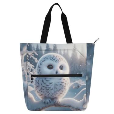 Imagem de Sacolas de trabalho fofas de coruja da neve para mulheres, bolsa de lona com zíper, bolsa de praia, professores, livros, presentes